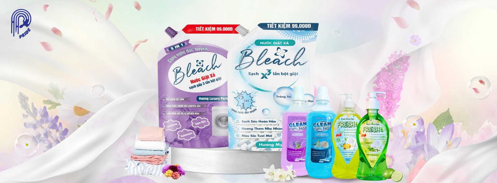 Bộ sưu tập nước rửa chén Fresh, nước lau sàn Clean Fast và nước giặt xả Bleach của PRIDE